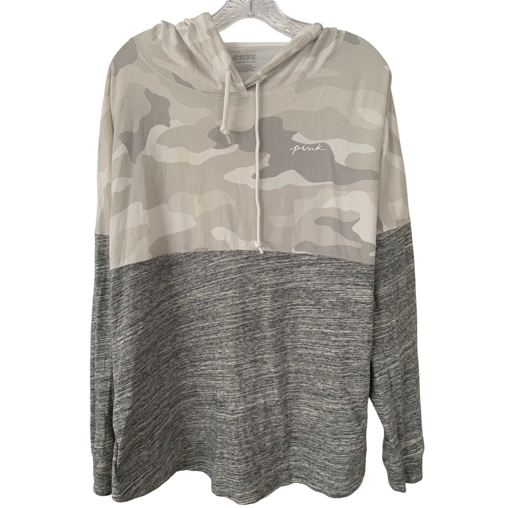 Pink Victorias Secret Grey Camo Colorblock Hoodie Metallic Silver Logo Large